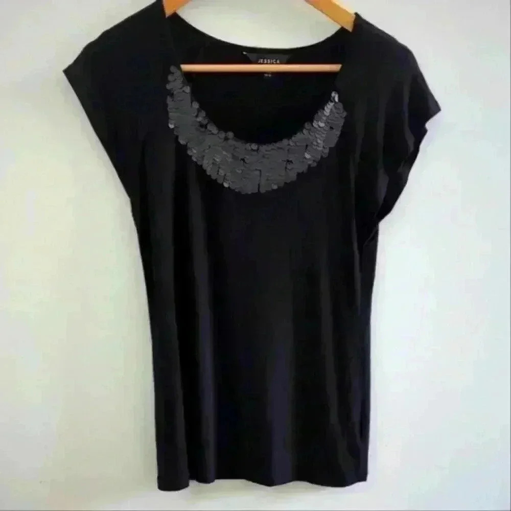 JESSICA | Women's  Black Sequined Short Sleeve Stretchy Top